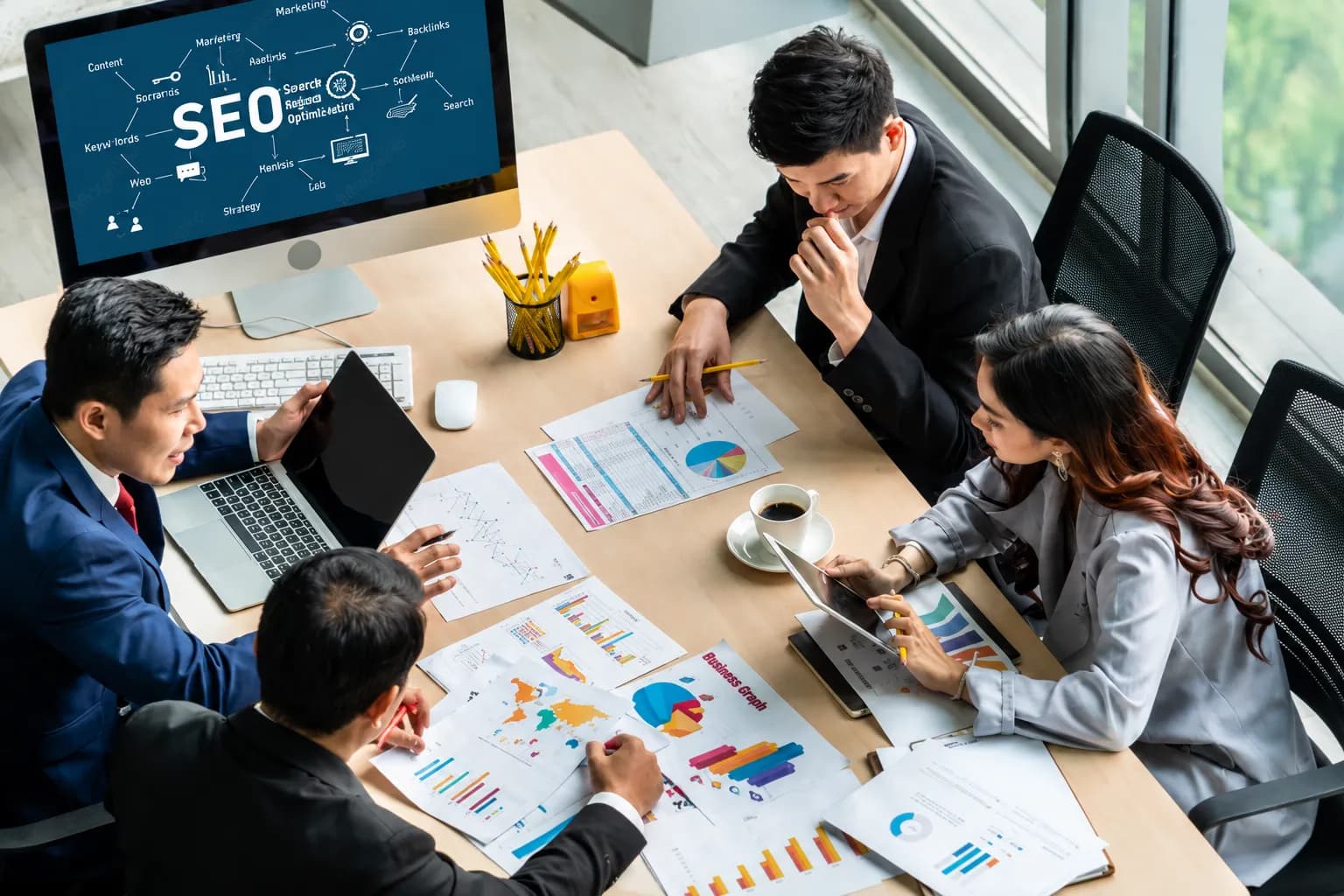 Search engine optimization company team analyzing SEO strategy and campaign charts around a office table