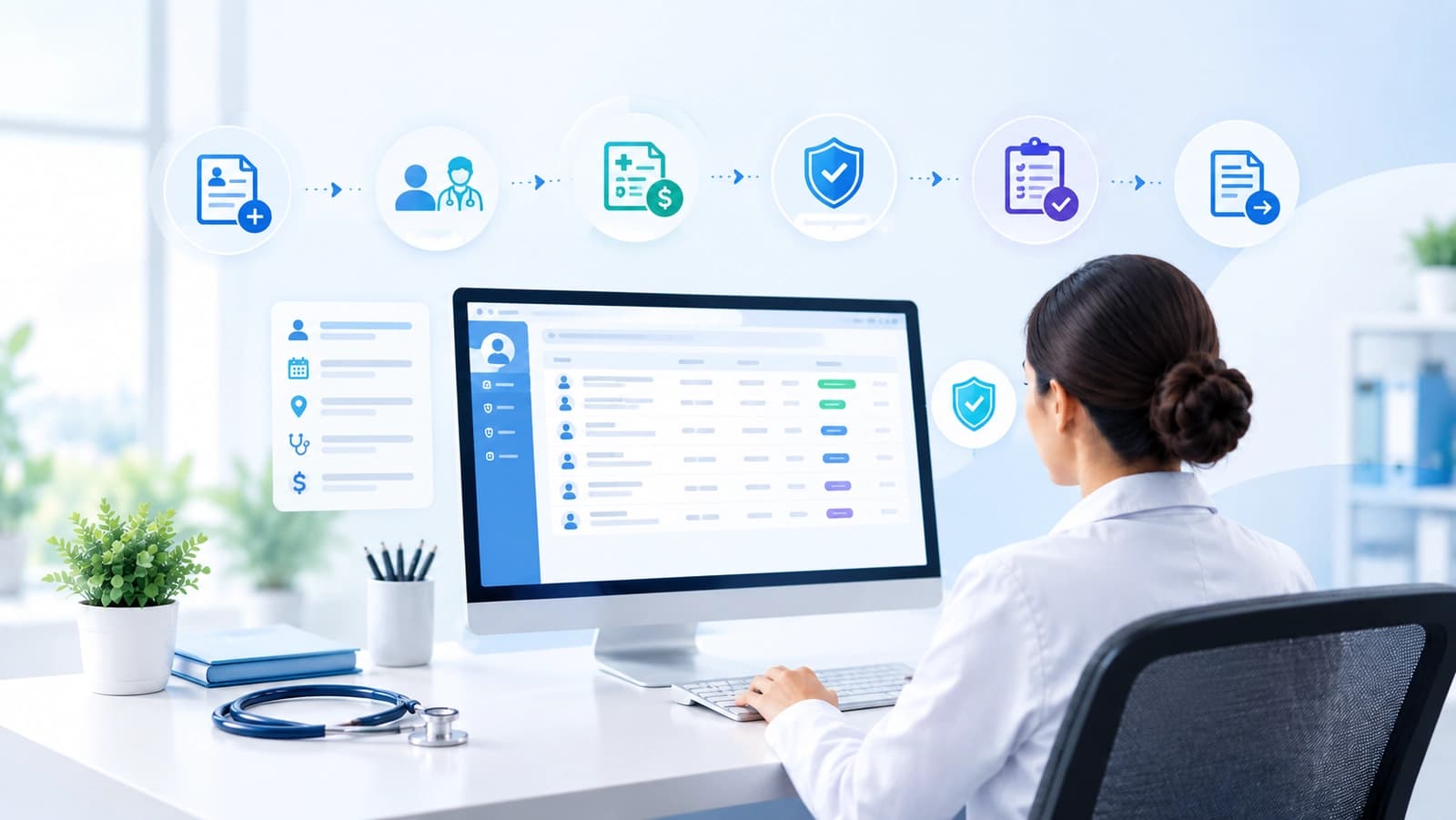 medical charge entry specialist reviewing billing data and claim information on a computer in a healthcare office