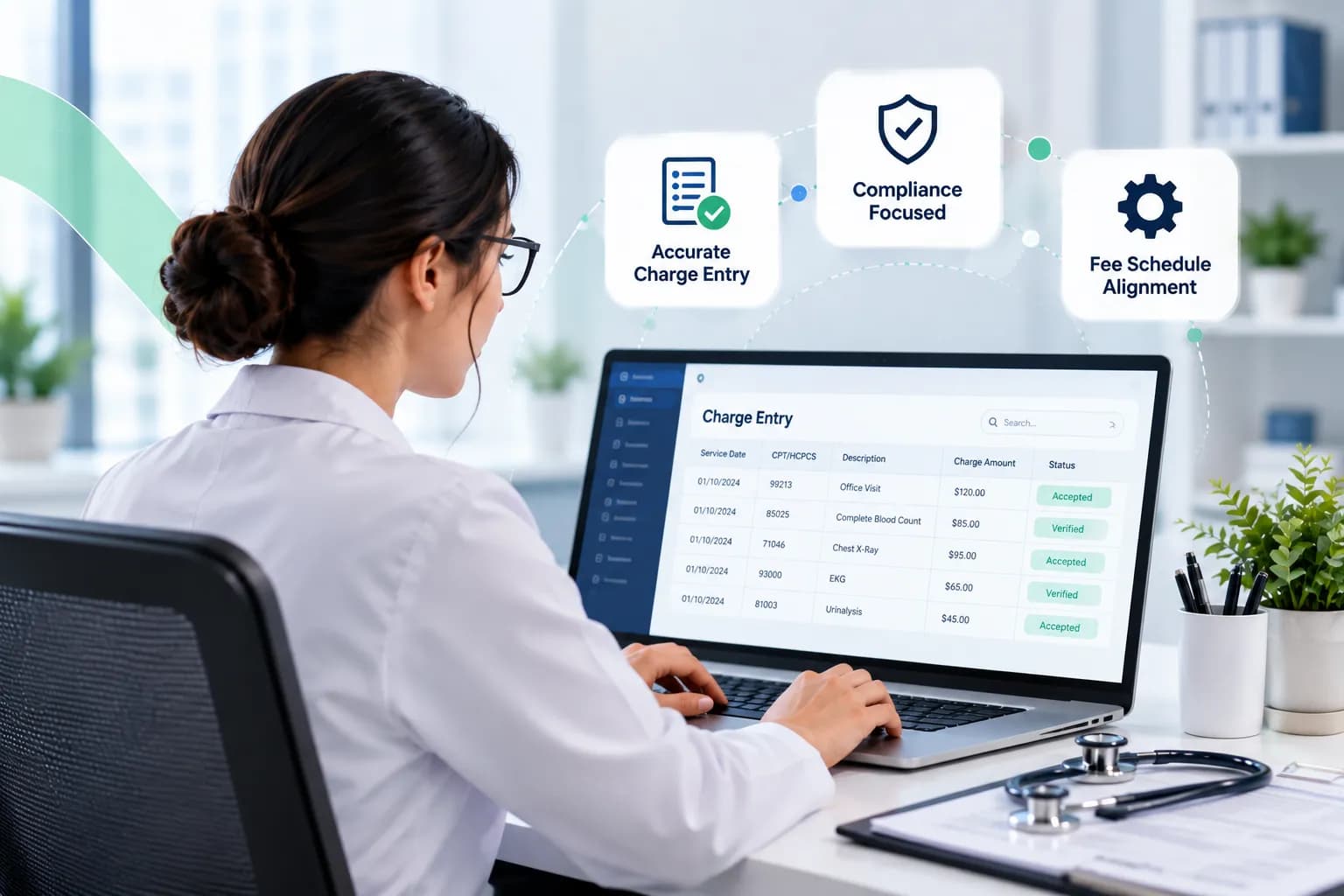 medical billing specialist reviewing charge entries