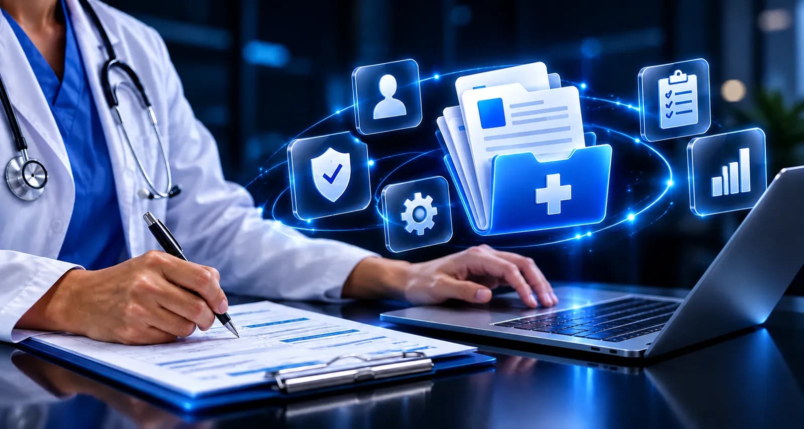 doctor managing digital health records