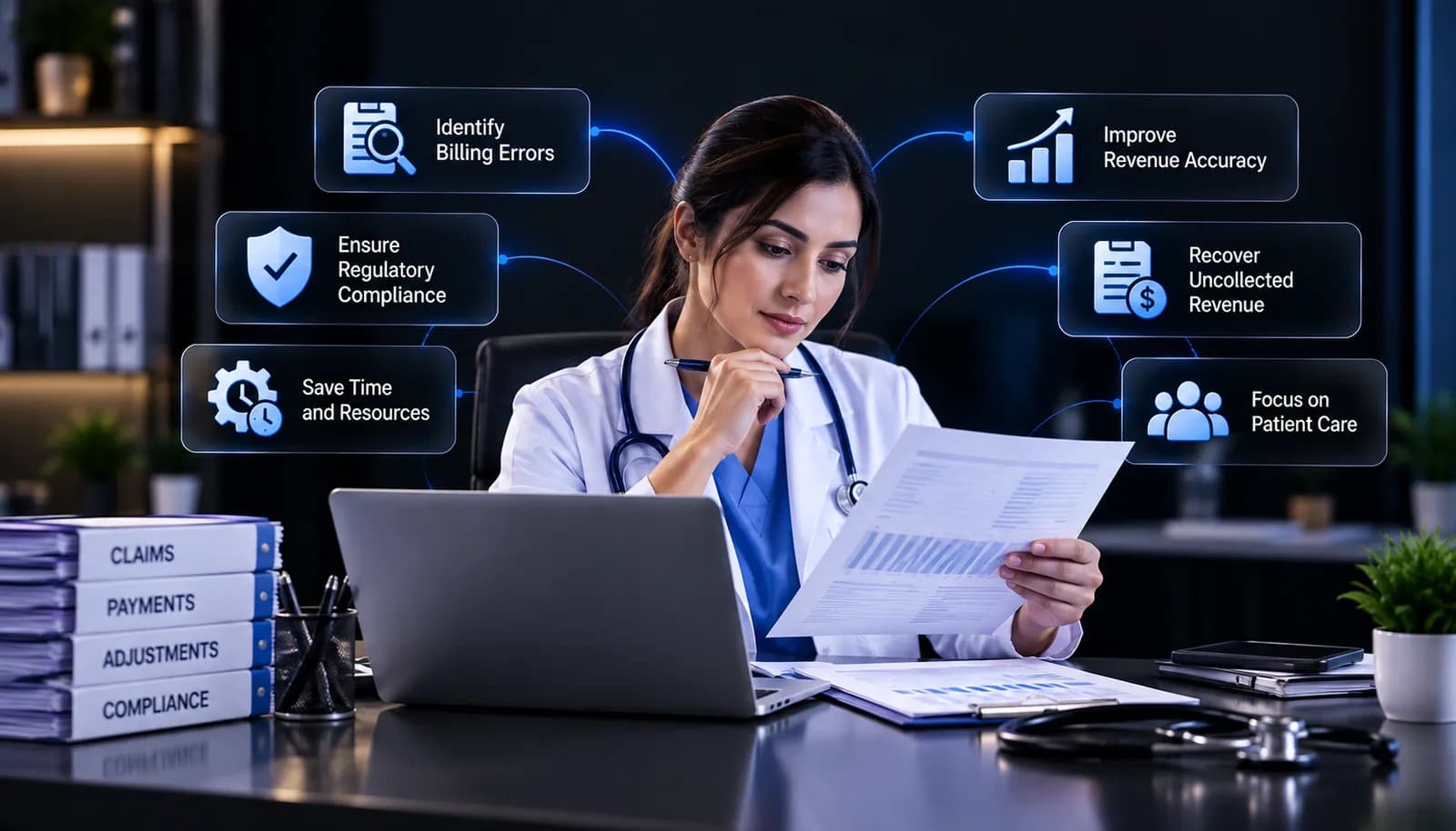 Doctor Reviewing Medical Billing Audit Analytics