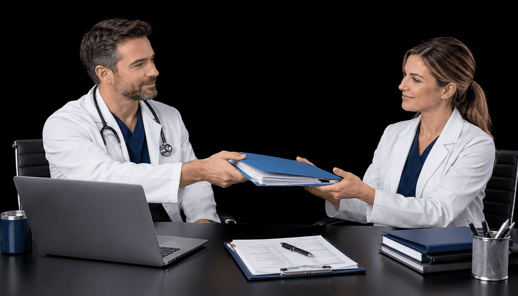doctor handing off coding records 7