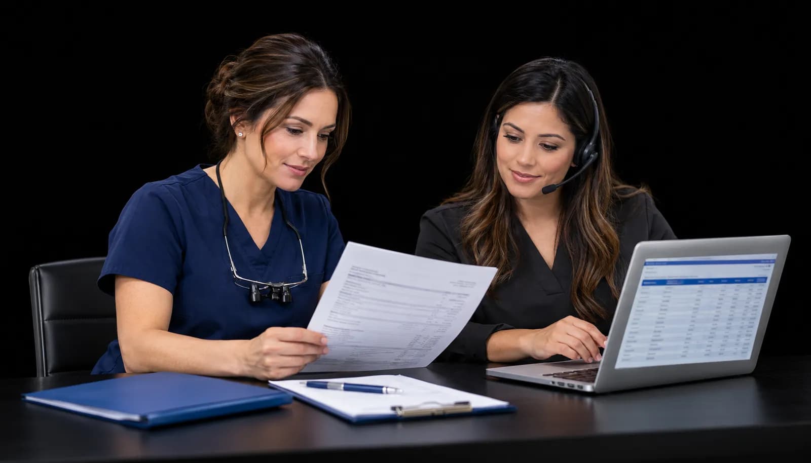 Dental team reviewing insurance accounts